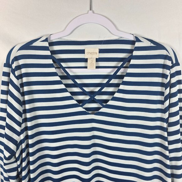 Chico's Size 2 Striped Caged Knit Top Women's Size Large Blue & White Stripe - Picture 6 of 13